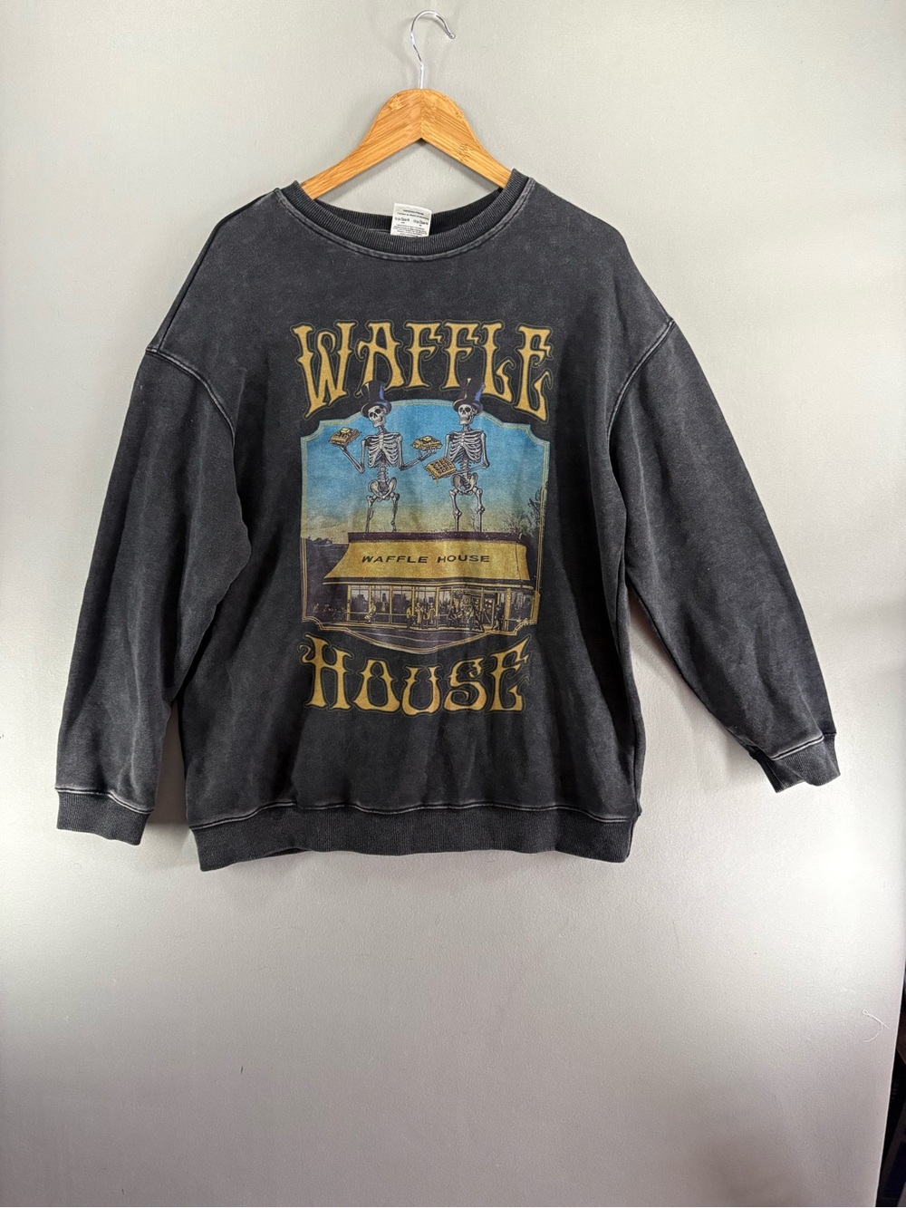 Waffle House Grateful Dead Style Skeleton Sweatshirt Black Graphic Large